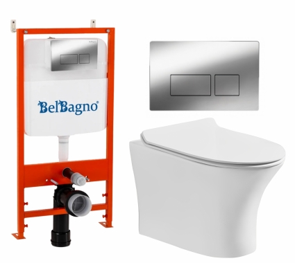 Комплект 3 в 1 инсталляция BelBagno BB026/BB041CR + Подвесной безободковый унитаз CeruttiSpa Bernina aria CT7191 + кнопка хром глянцевая
