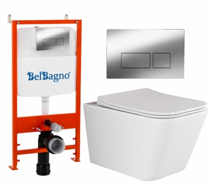 Комплект 3 в 1 инсталляция BelBagno BB026/BB041CR +  Унитаз подвесной Ceramica Nova Metric Rimless CN3007 + кнопка хром глянцевая