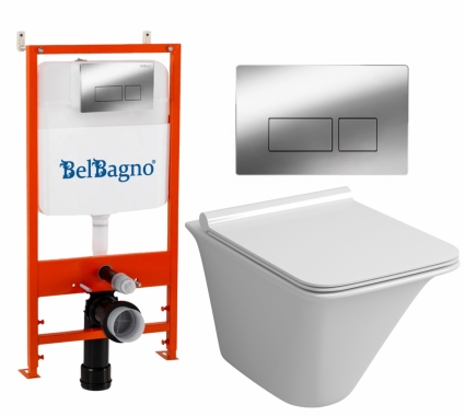Комплект 3 в 1 инсталляция BelBagno BB026/BB041CR + Унитаз подвесной Grossman GR-4413S  + кнопка хром глянцевая