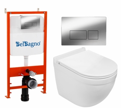 Комплект 3 в 1 инсталляция BelBagno BB026/BB041CR + Подвесной унитаз WeltWasser Heimbach 043 GL-WT + кнопка хром глянцевая