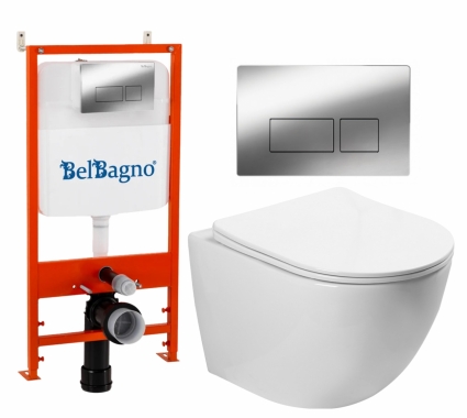 Комплект 3 в 1 инсталляция BelBagno BB026/BB041CR + Унитаз подвесной SantiLine SL-5005 + кнопка хром глянцевая