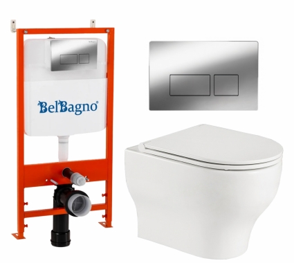 Комплект 3 в 1 инсталляция BelBagno BB026/BB041CR + Подвесной унитаз WeltWasser Erlenbach 004 GL-WT + кнопка хром глянцевая