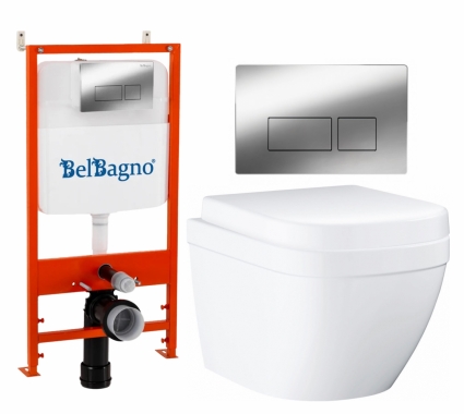 Комплект 3 в 1 инсталляция BelBagno BB026/BB041CR + Унитаз подвесной Grohe Euro Ceramic 39206000 + кнопка хром глянцевая