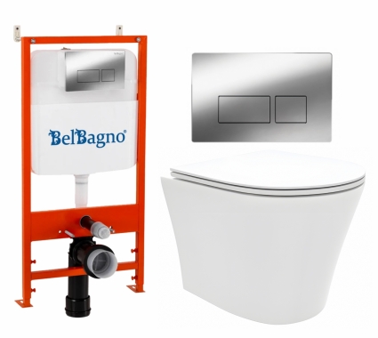 Комплект 3 в 1 инсталляция BelBagno BB026/BB041CR + Унитаз подвесной Enio Neo EN5370588 + кнопка хром глянцевая