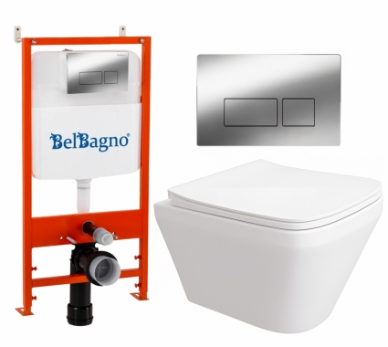 Комплект 3 в 1 инсталляция BelBagno BB026/BB041CR + Унитаз подвесной Enio Vicino EN9170544 + кнопка хром глянцевая