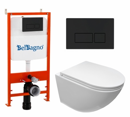 Комплект 3 в 1 инсталляция BelBagno BB026/BB044NERO + Подвесной безободковый унитаз CeruttiSpa Sella aria CT7183 + кнопка черная матовая