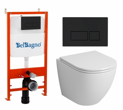 Комплект 3 в 1 инсталляция BelBagno BB026/BB044NERO + Унитаз подвесной Grossman GR-4455S + кнопка черная матовая