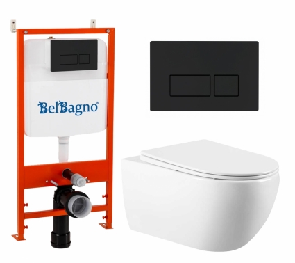 Комплект 3 в 1 инсталляция BelBagno BB026/BB044NERO + Унитаз подвесной Vincea Evo VT1-34 + кнопка черная матовая