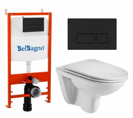 Комплект 3 в 1 инсталляция BelBagno BB026/BB044NERO + Подвесной унитаз WeltWasser Baarbach 004 GL-WT + кнопка черная матовая