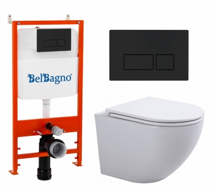 Комплект 3 в 1 инсталляция BelBagno BB026/BB044NERO + Подвесной унитаз SinteSi EVI + кнопка черная матовая