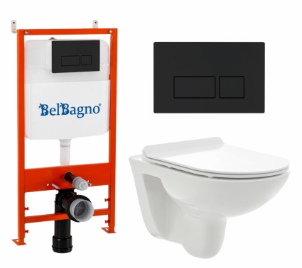 Комплект 3 в 1 инсталляция BelBagno BB026/BB044NERO + Унитаз подвесной AQUAme AQM2008 + кнопка черная матовая