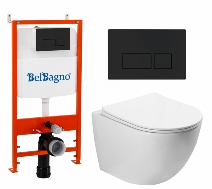 Комплект 3 в 1 инсталляция BelBagno BB026/BB044NERO + Унитаз подвесной SantiLine SL-5005 + кнопка черная матовая