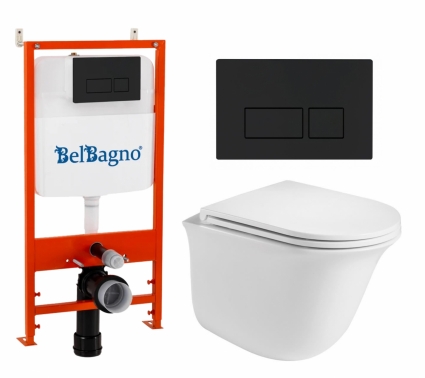 Комплект 3 в 1 инсталляция BelBagno BB026/BB044NERO + Подвесной унитаз WeltWasser Telbach 004 GL-WT + кнопка черная матовая