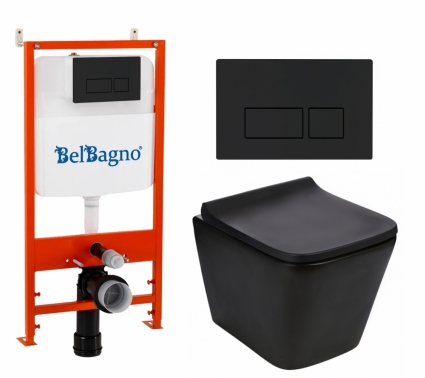 Комплект 3 в 1 инсталляция BelBagno BB026/BB044NERO + Подвесной унитаз WeltWasser Gelbach 043 MT-BL + кнопка черная матовая
