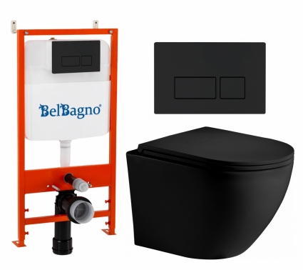 Комплект 3 в 1 инсталляция BelBagno BB026/BB044NERO + Унитаз подвесной Weltwasser WW Merzbach 043 MT-BL + кнопка черная матовая