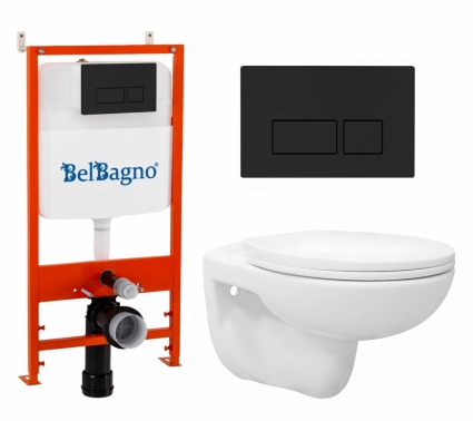 Комплект 3 в 1 инсталляция BelBagno BB026/BB044NERO + Унитаз подвесной Enio Ekos EN0170571 + кнопка черная матовая