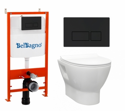 Комплект 3 в 1 инсталляция BelBagno BB026/BB044NERO + Унитаз подвесной Enio Nativo EN1270551 + кнопка черная матовая