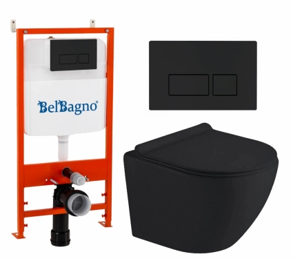 Комплект 3 в 1 инсталляция BelBagno BB026/BB044NERO + Унитаз подвесной Timo Kulo TK-403MB + кнопка черная матовая
