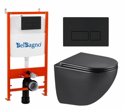Комплект 3 в 1 инсталляция BelBagno BB026/BB044NERO + Унитаз подвесной Lemark Glazer 9612004 + кнопка черная матовая