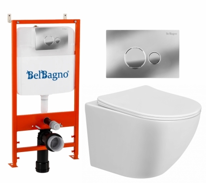 Комплект 3 в 1 инсталляция BelBagno BB026/BB081CR + Унитаз подвесной Taliente Amato AM25010  + кнопка хром глянцевая