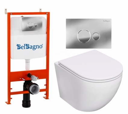 Комплект 3 в 1 инсталляция BelBagno BB026/BB081CR + Унитаз подвесной Lorne Pilpao LN5007501 + кнопка хром глянцевая