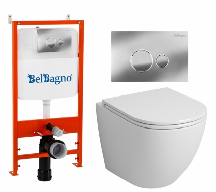 Комплект 3 в 1 инсталляция BelBagno BB026/BB081CR + Унитаз подвесной Grossman GR-4455S  + кнопка хром глянцевая