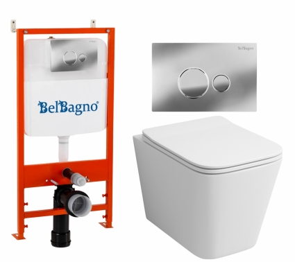Комплект 3 в 1 инсталляция BelBagno BB026/BB081CR + Унитаз подвесной Grossman GR-4441S + кнопка хром глянцевая