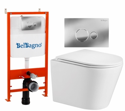 Комплект 3 в 1 инсталляция BelBagno BB026/BB081CR + Подвесной унитаз WeltWasser Salzbach 043 GL-WT + кнопка хром глянцевая