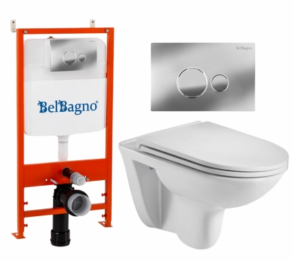Комплект 3 в 1 инсталляция BelBagno BB026/BB081CR + Подвесной унитаз WeltWasser Baarbach 004 GL-WT + кнопка хром глянцевая
