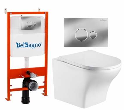 Комплект 3 в 1 инсталляция BelBagno BB026/BB081CR + Подвесной унитаз WeltWasser Odenbach 004 GL-WT + кнопка хром глянцевая