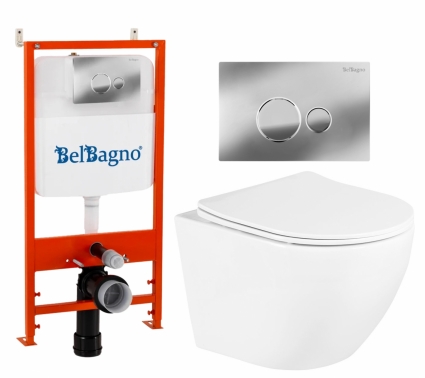Комплект 3 в 1 инсталляция BelBagno BB026/BB081CR + Унитаз подвесной BelBagno Uno BB3105CHR/SC  + кнопка хром глянцевая
