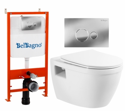 Комплект 3 в 1 инсталляция BelBagno BB026/BB081CR + Унитаз подвесной BelBagno Loto BB070CHR/SC + кнопка хром глянцевая