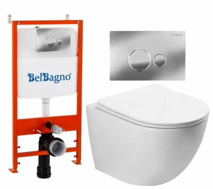 Комплект 3 в 1 инсталляция BelBagno BB026/BB081CR + Унитаз подвесной SantiLine SL-5005  + кнопка хром глянцевая