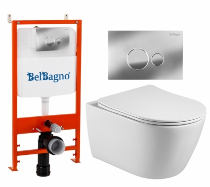 Комплект 3 в 1 инсталляция BelBagno BB026/BB081CR + Унитаз подвесной Акватек Вега AQ1905-00 + кнопка хром глянцевая
