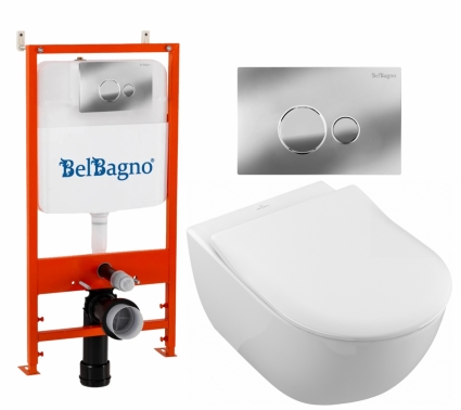 Комплект 3 в 1 инсталляция BelBagno BB026/BB081CR + Унитаз подвесной Villeroy & Boch Subway 2.0 5614R201 + кнопка хром глянцевая