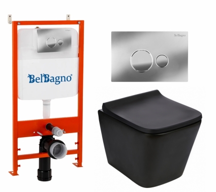Комплект 3 в 1 инсталляция BelBagno BB026/BB081CR + Подвесной унитаз WeltWasser Gelbach 043 MT-BL + кнопка хром глянцевая