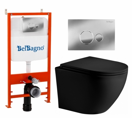 Комплект 3 в 1 инсталляция BelBagno BB026/BB081CR + Унитаз подвесной Weltwasser WW Merzbach 043 MT-BL + кнопка хром глянцевая