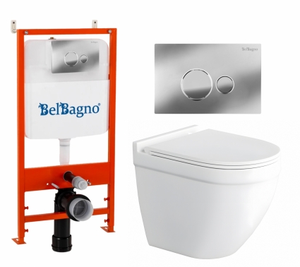 Комплект 3 в 1 инсталляция BelBagno BB026/BB081CR + Унитаз подвесной Enio Pulito EN1170052 + кнопка хром глянцевая
