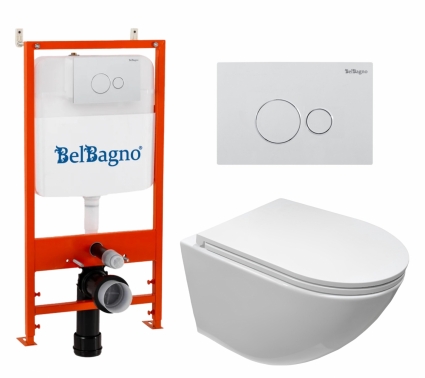Комплект 3 в 1 инсталляция BelBagno BB026/BB082BL + Подвесной безободковый унитаз CeruttiSpa Sella aria CT7183 + кнопка белая глянцевая