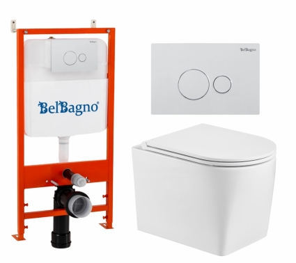 Комплект 3 в 1 инсталляция BelBagno BB026/BB082BL + Унитаз подвесной WeltWasser Nesenbach 004 GL-WT + кнопка белая глянцевая