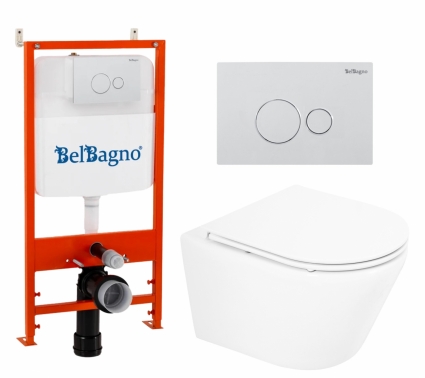 Комплект 3 в 1 инсталляция BelBagno BB026/BB082BL + Унитаз подвесной BelBagno Tre BB8001CHR/SC + кнопка белая глянцевая