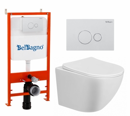 Комплект 3 в 1 инсталляция BelBagno BB026/BB082BL + Унитаз подвесной Taliente Amato AM25010 + кнопка белая глянцевая