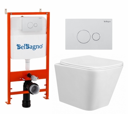 Комплект 3 в 1 инсталляция BelBagno BB026/BB082BL + Унитаз подвесной Taliente Correto CR25200 + кнопка белая глянцевая