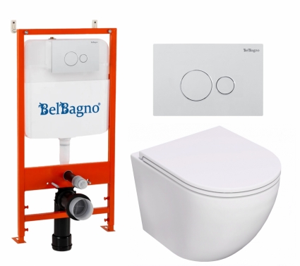 Комплект 3 в 1 инсталляция BelBagno BB026/BB082BL + Унитаз подвесной Lorne Pilpao Tornado LN5007502 + кнопка белая глянцевая