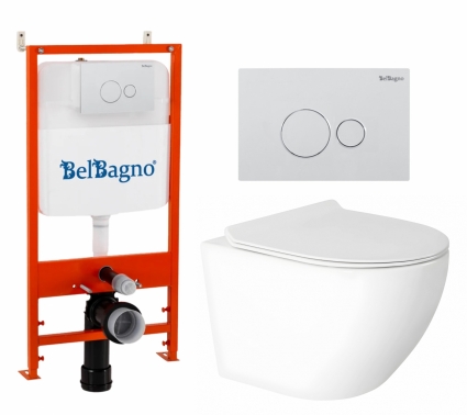 Комплект 3 в 1 инсталляция BelBagno BB026/BB082BL + Унитаз подвесной Enio Indigo EN2870533 + кнопка белая глянцевая