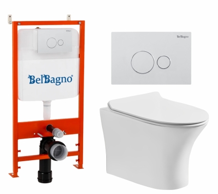 Комплект 3 в 1 инсталляция BelBagno BB026/BB082BL + Подвесной безободковый унитаз CeruttiSpa Bernina aria CT7191 + кнопка белая глянцевая