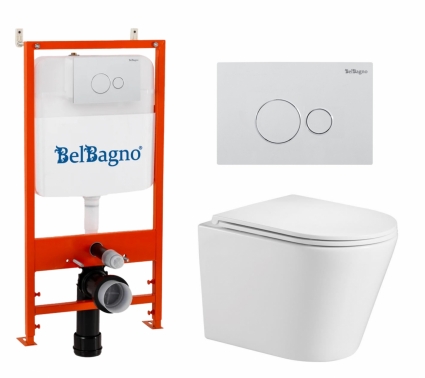 Комплект 3 в 1 инсталляция BelBagno BB026/BB082BL + Подвесной унитаз WeltWasser Salzbach 043 GL-WT + кнопка белая глянцевая