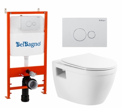 Комплект 3 в 1 инсталляция BelBagno BB026/BB082BL + Унитаз подвесной BelBagno Loto BB070CHR/SC + кнопка белая глянцевая
