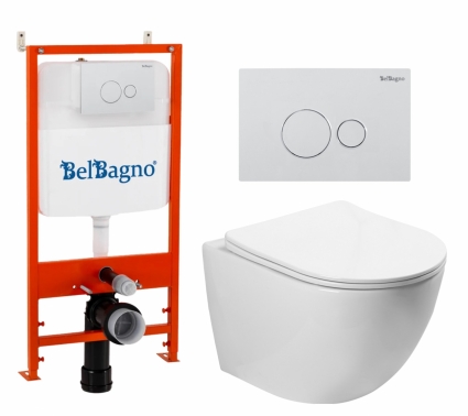 Комплект 3 в 1 инсталляция BelBagno BB026/BB082BL + Унитаз подвесной SantiLine SL-5005 + кнопка белая глянцевая