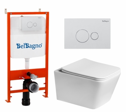 Комплект 3 в 1 инсталляция BelBagno BB026/BB082BL + Унитаз подвесной SantiLine SL-5007 + кнопка белая глянцевая